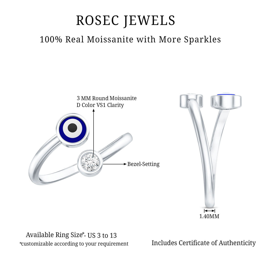 Bezel Set Moissanite and Enameled Evil Eye Ring