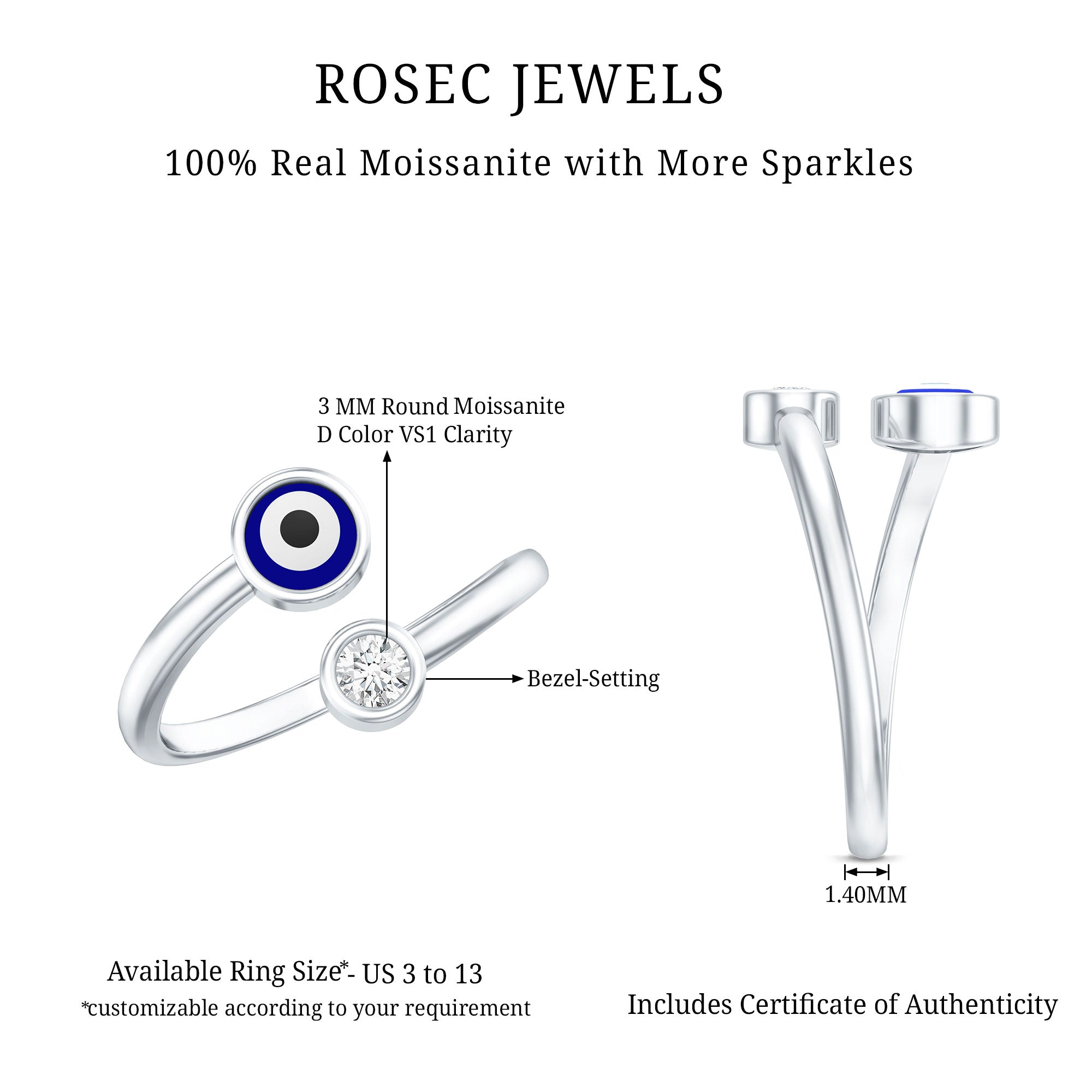 Bezel Set Moissanite and Enameled Evil Eye Ring