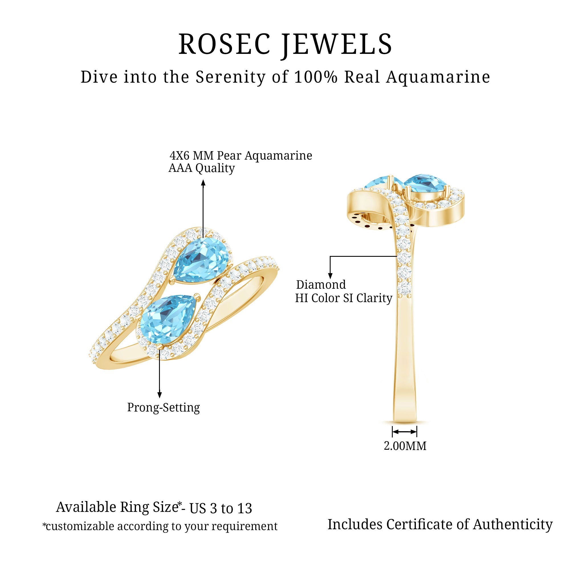 Genuine Aquamarine Two Stone Engagement Ring with Diamond