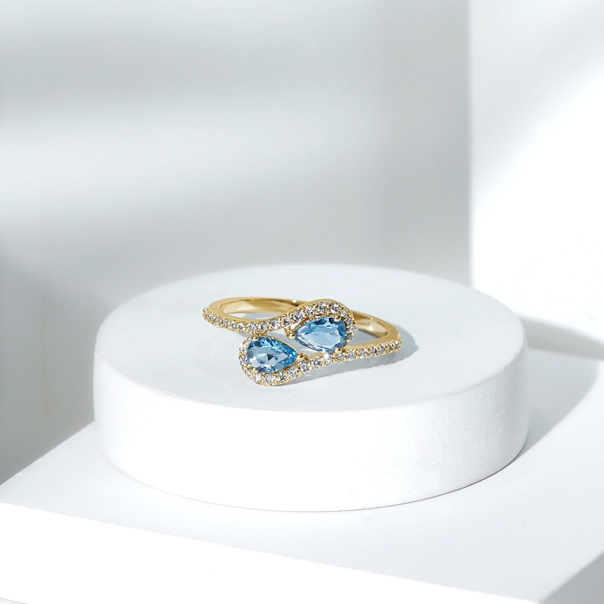 Genuine Aquamarine Two Stone Engagement Ring with Diamond