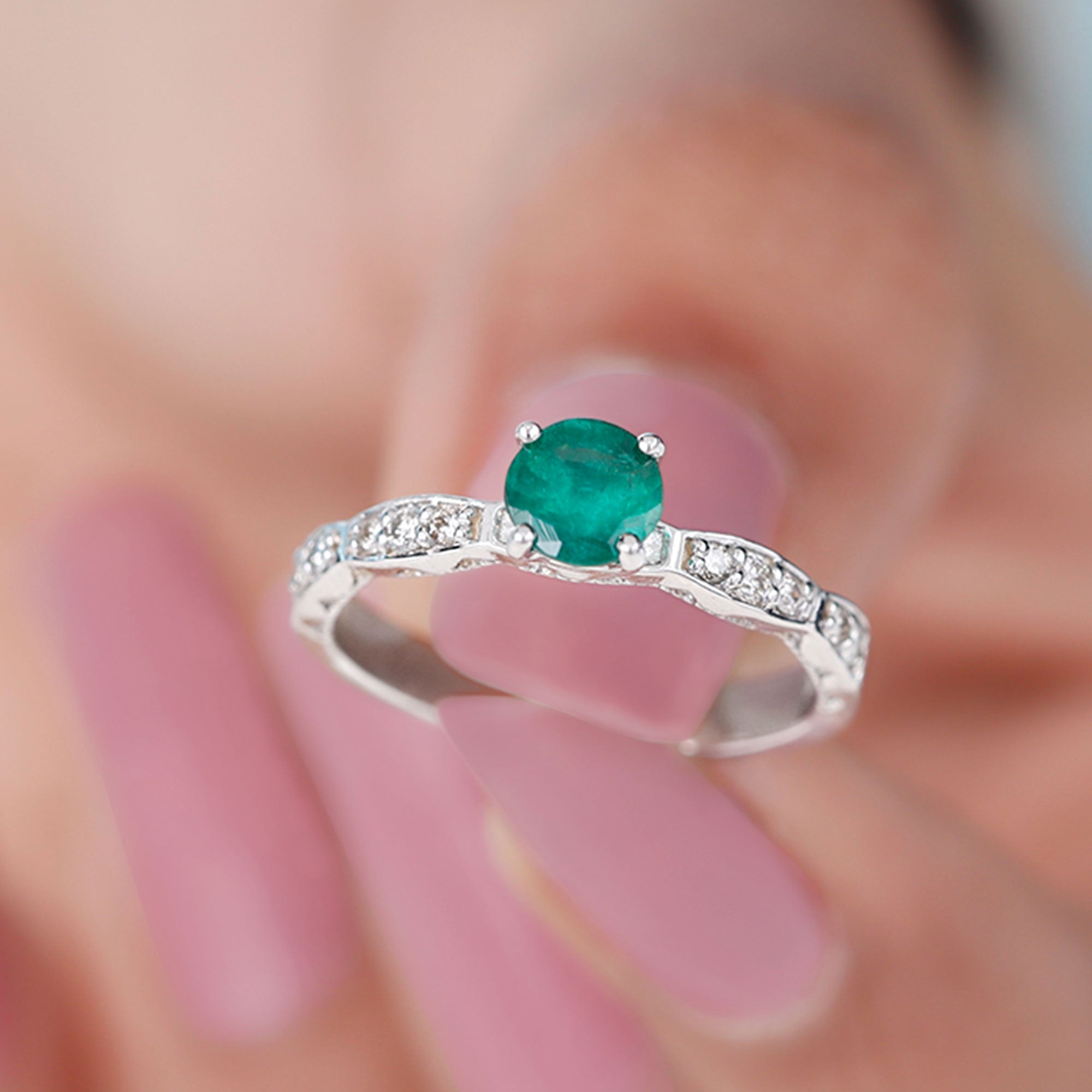 AAA Quality Emerald Solitaire Promise Ring with Diamond