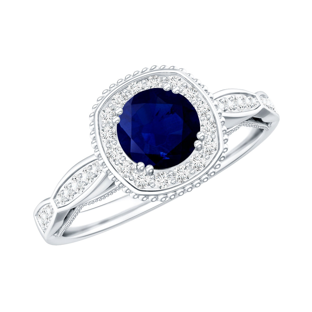 Round 0.9 Carat Blue Sapphire Antique Engagement Ring with Diamond Halo