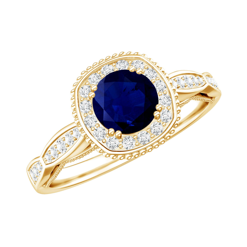 Round 0.9 Carat Blue Sapphire Antique Engagement Ring with Diamond Halo