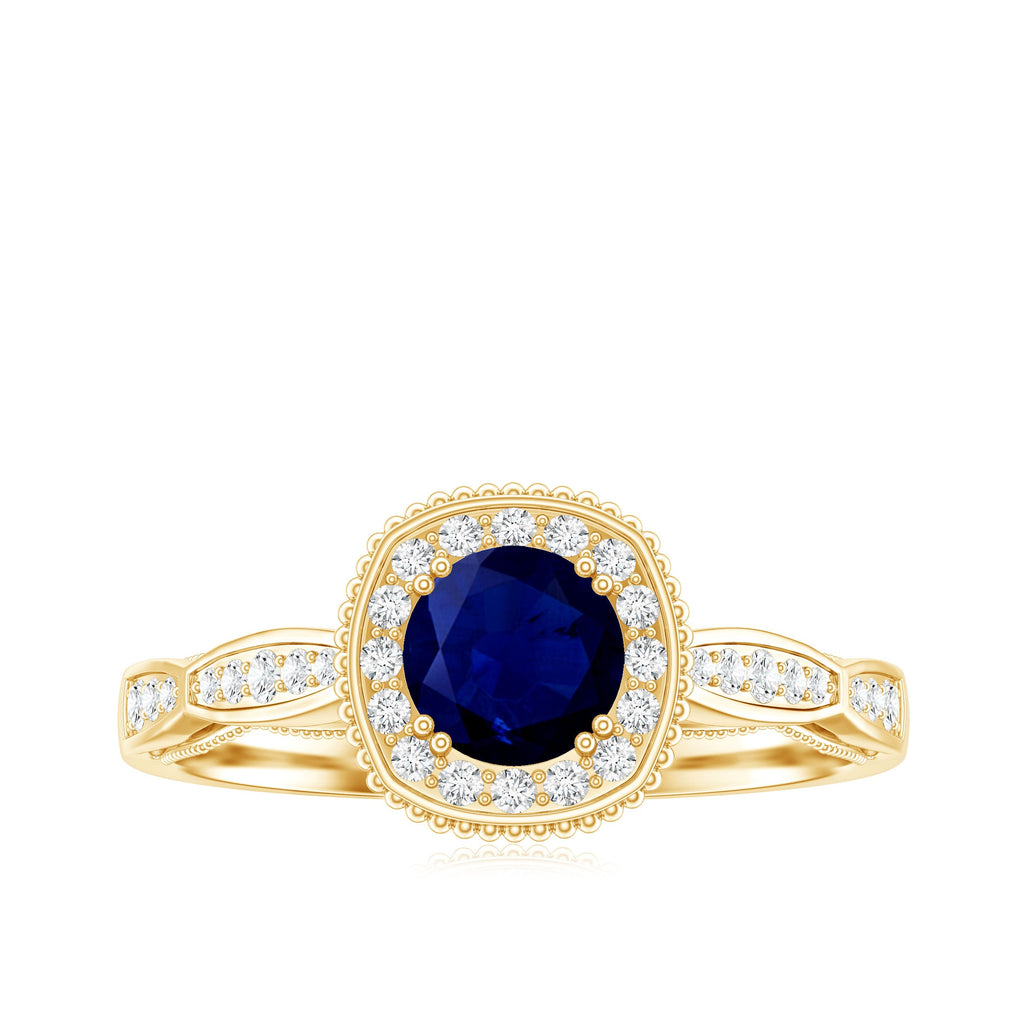 Round 0.9 Carat Blue Sapphire Antique Engagement Ring with Diamond Halo