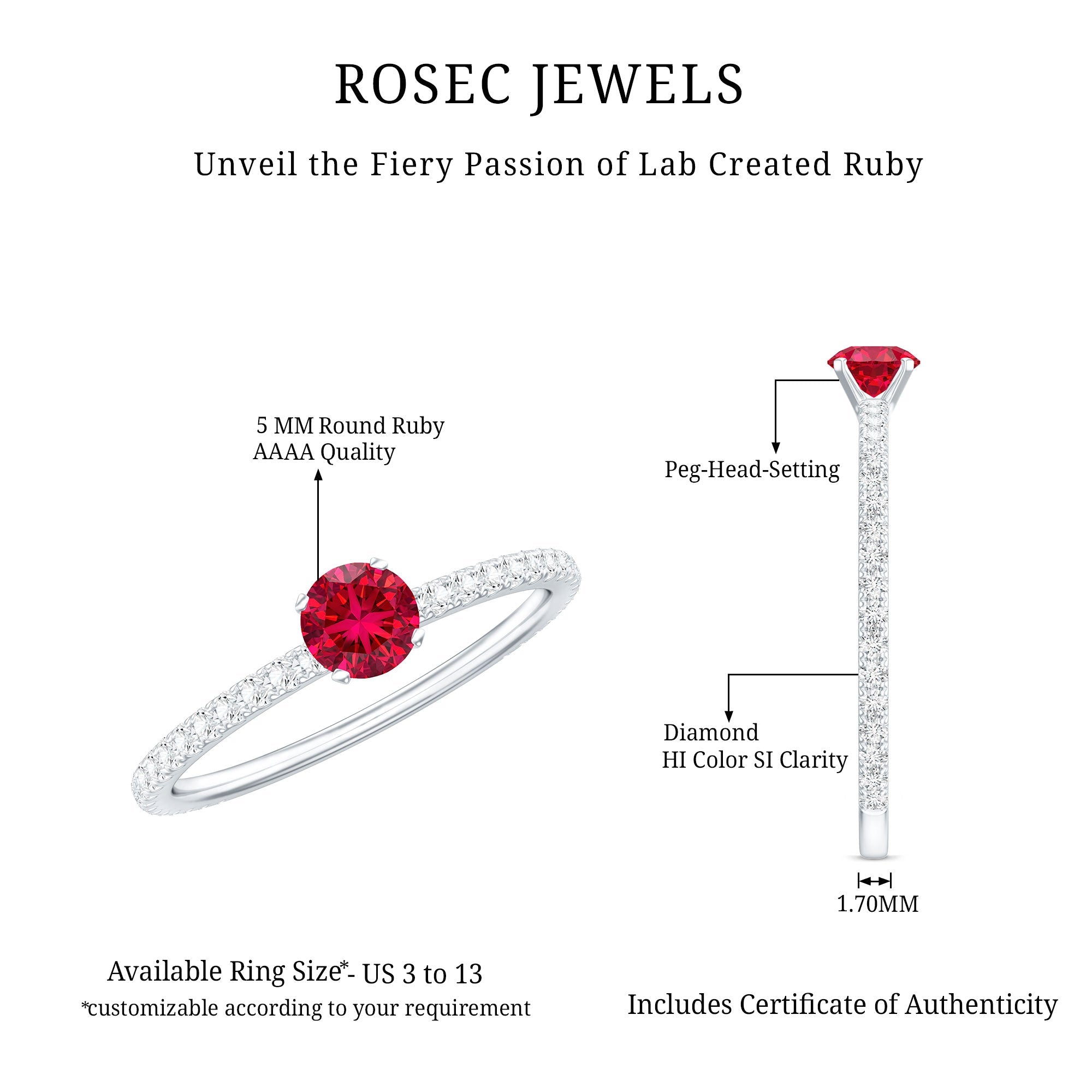 Round Cut Lab Grown Ruby Engagement Ring with Diamond