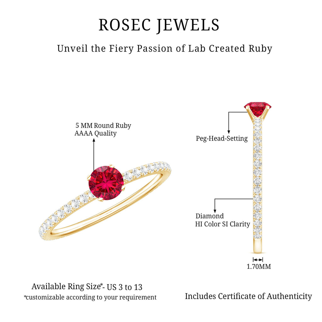 Round Cut Lab Grown Ruby Engagement Ring with Diamond