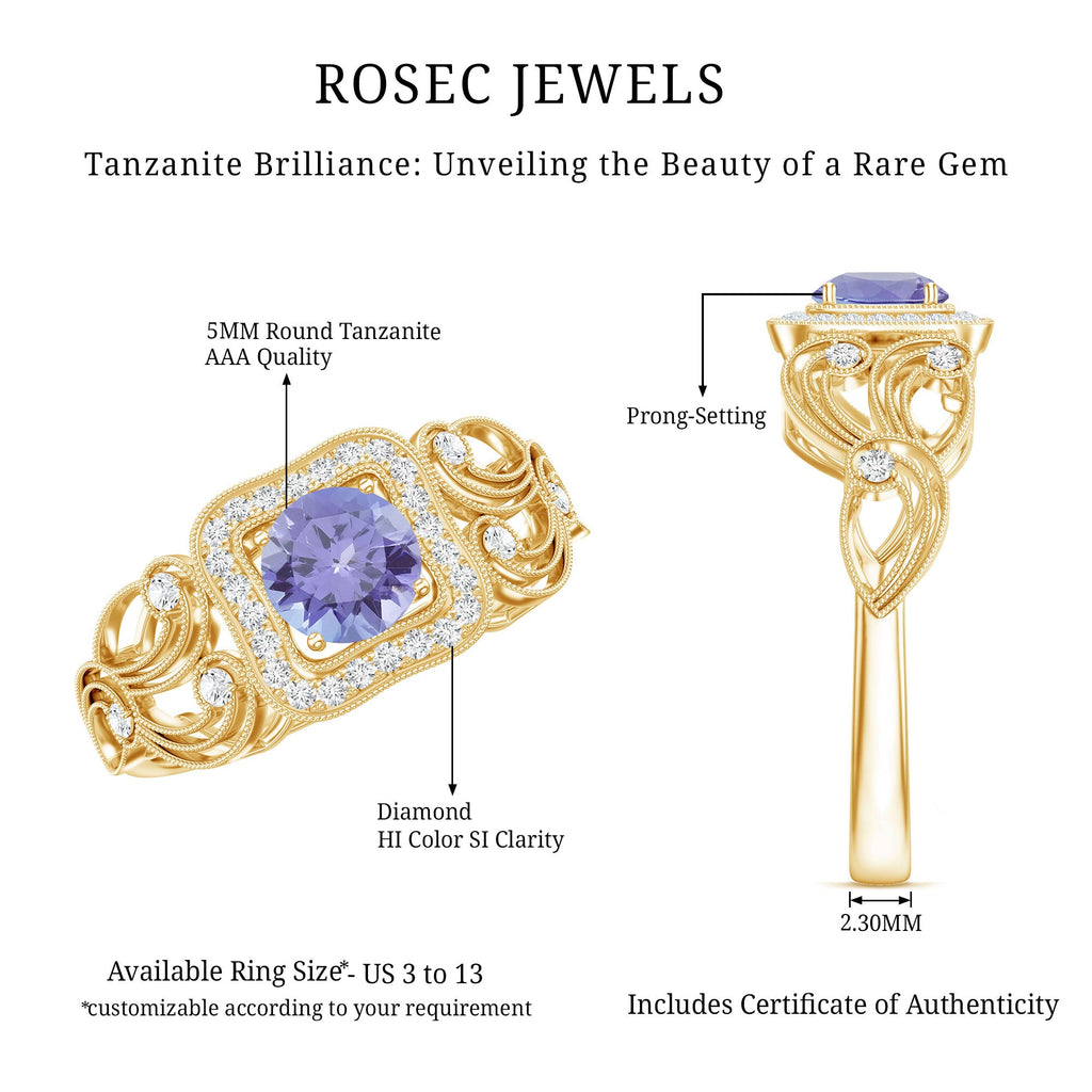 Tanzanite Vintage Looking Engagement Ring with Diamond Halo
