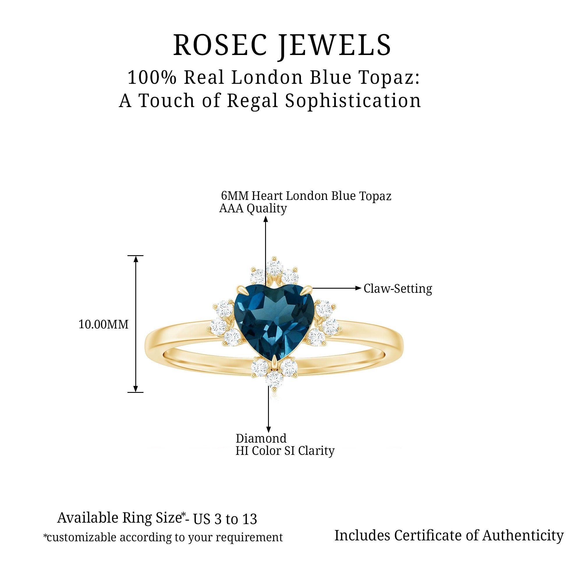 2 Carat Heart London Blue Topaz Engagement Ring with Diamond