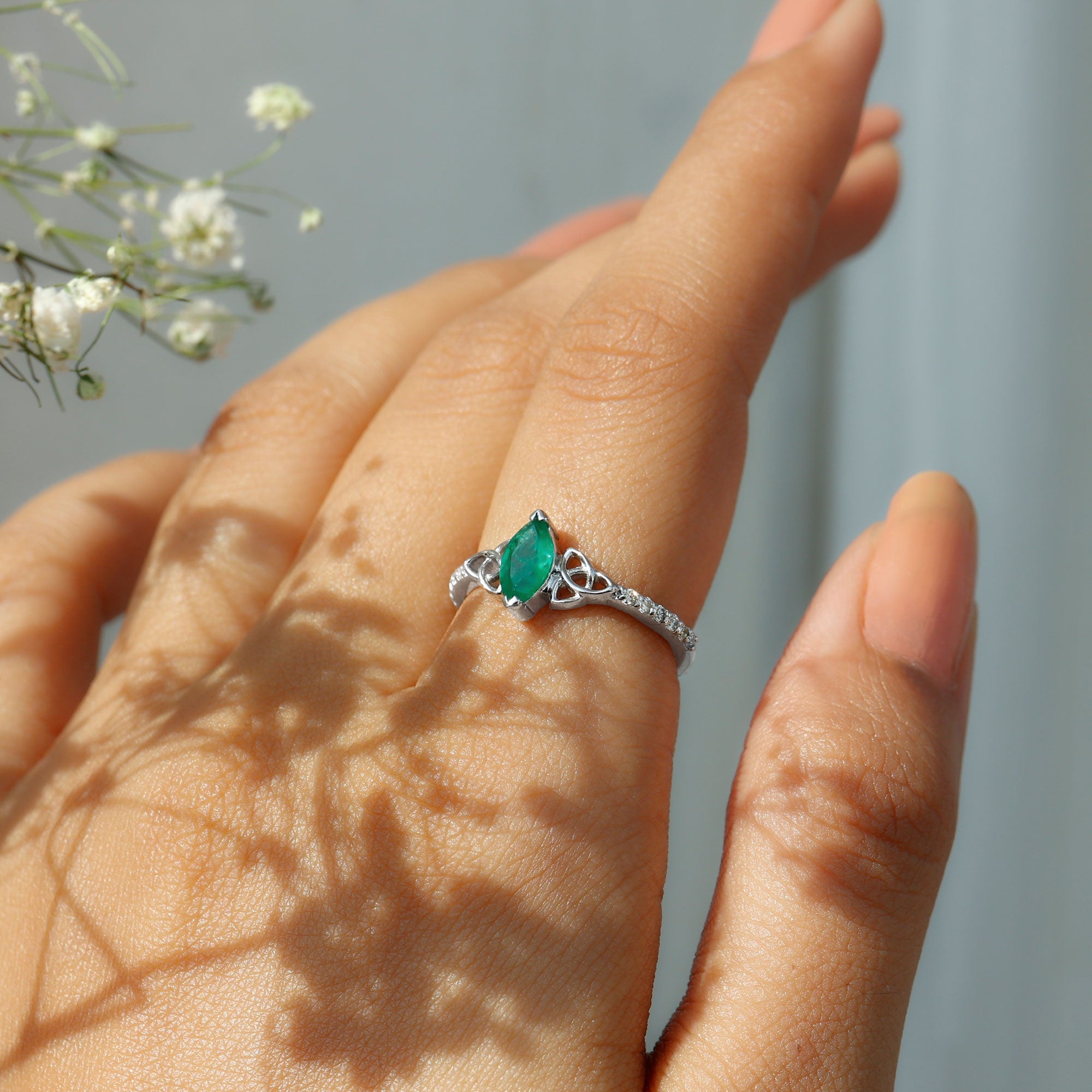Marquise Cut Emerald Celtic Knot Engagement Ring with Diamonds