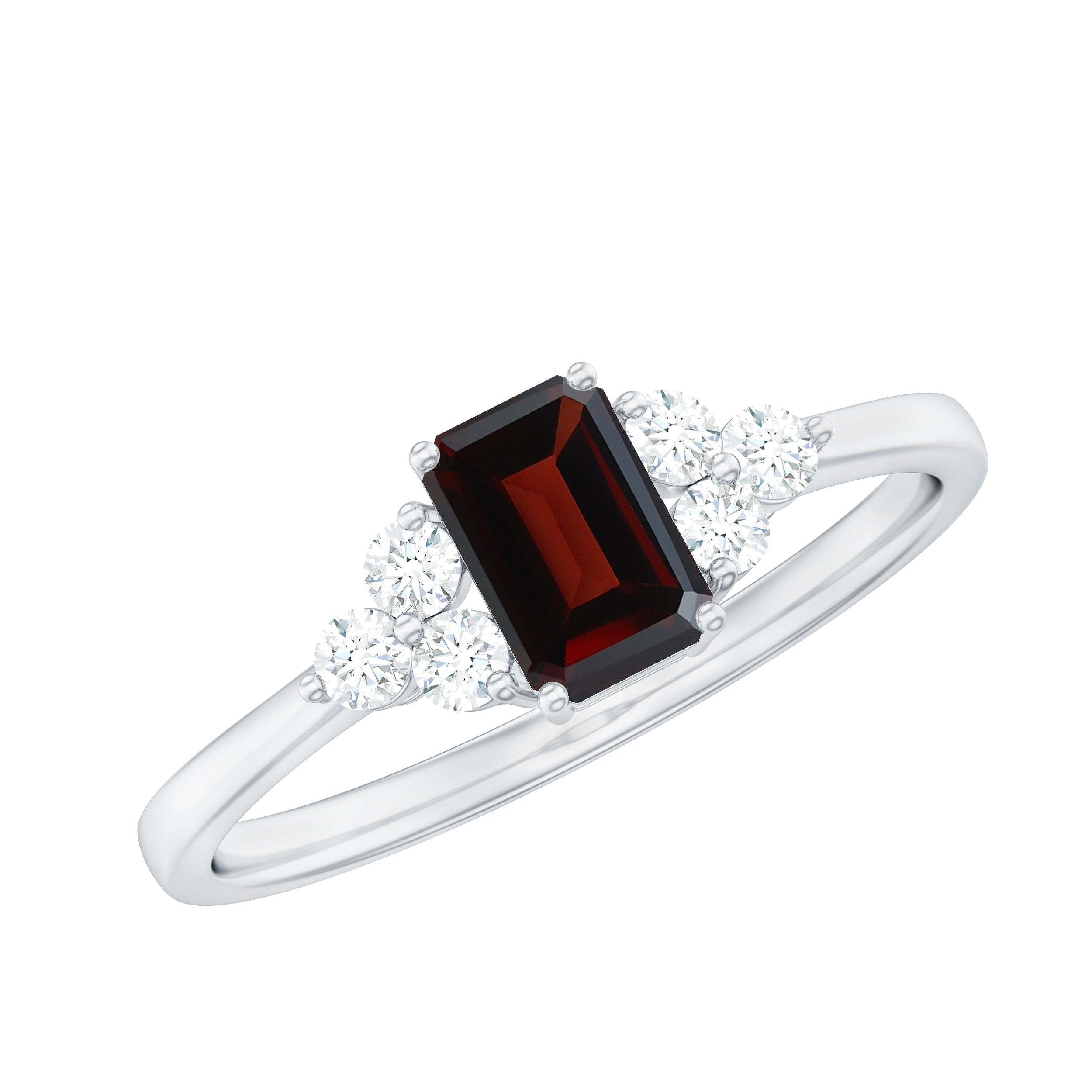 Certified Natural Garnet Emerald Cut Engagement Ring With Diamond Trio