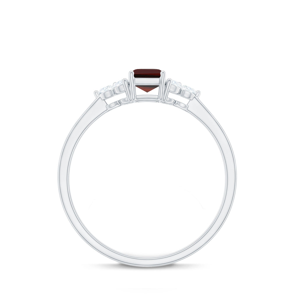 Certified Natural Garnet Emerald Cut Engagement Ring With Diamond Trio