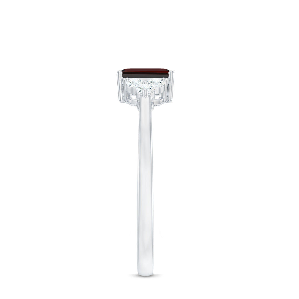 Certified Natural Garnet Emerald Cut Engagement Ring With Diamond Trio