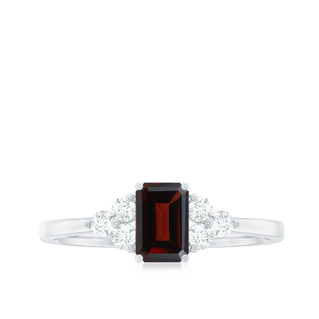 Certified Natural Garnet Emerald Cut Engagement Ring With Diamond Trio