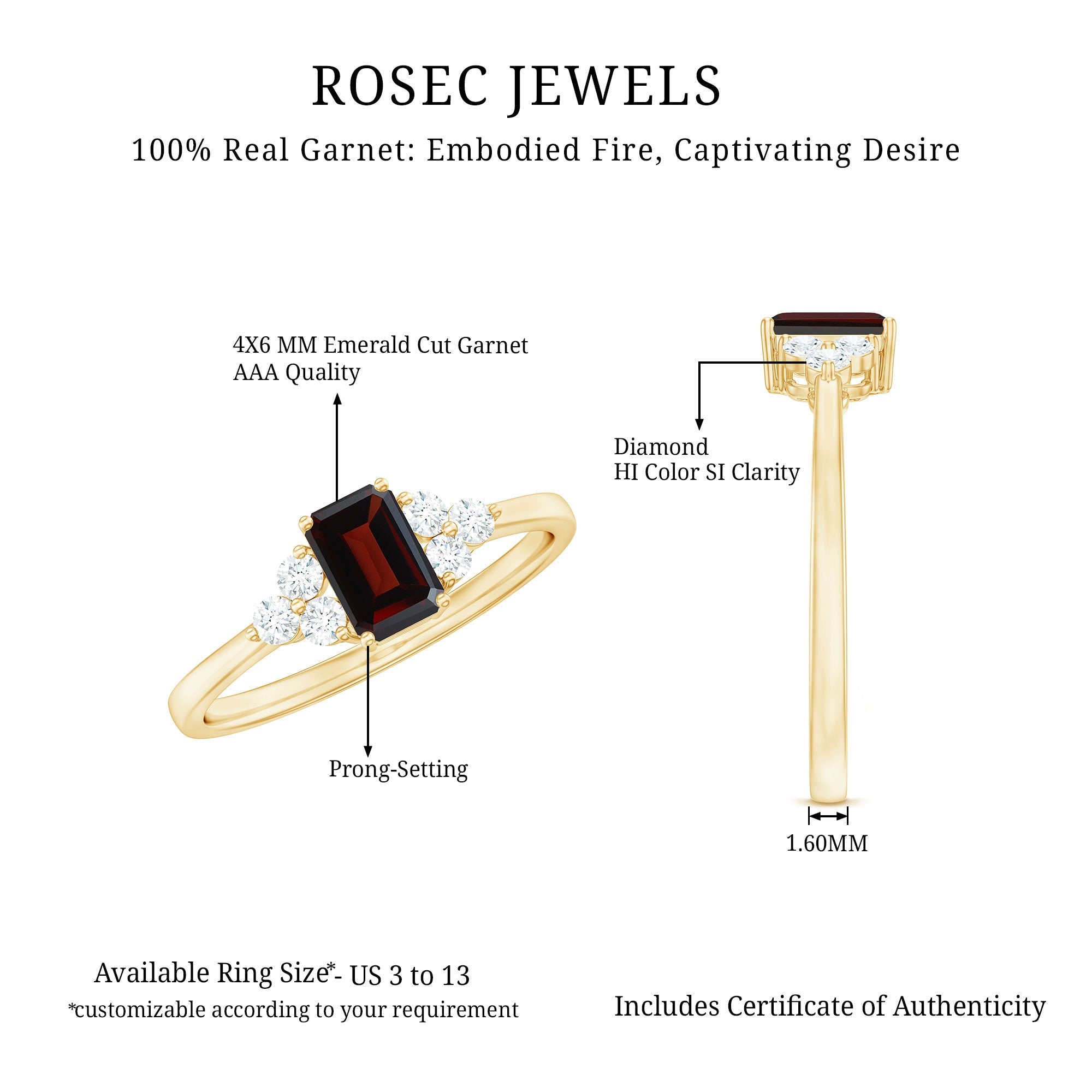 Certified Natural Garnet Emerald Cut Engagement Ring With Diamond Trio