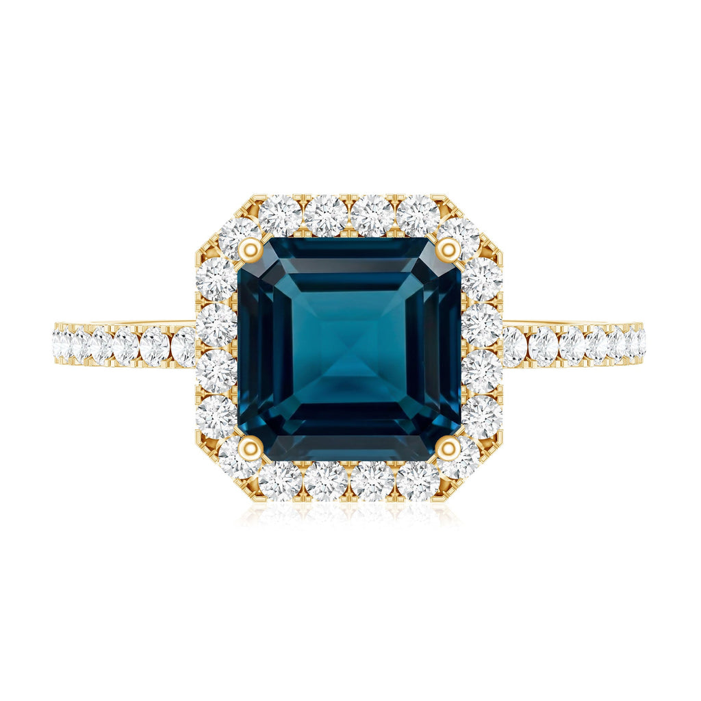 3 Carat Asscher Cut London Blue Topaz Vintage Engagement Ring with Diamond Halo