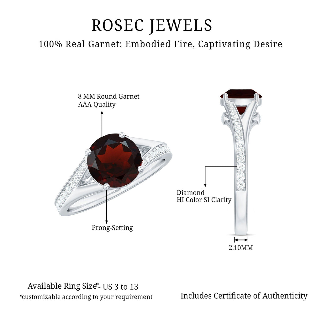 Natural Garnet Solitaire Engagement Ring with Diamond Split Shank