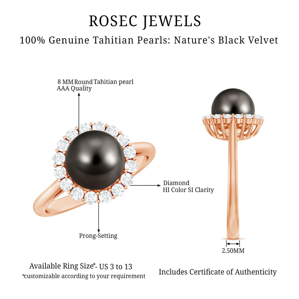 Natural Tahitian Pearl and Diamond Halo Engagement Ring
