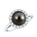 Natural Tahitian Pearl and Diamond Halo Engagement Ring