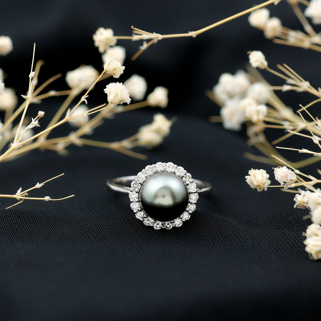Natural Tahitian Pearl and Diamond Halo Engagement Ring