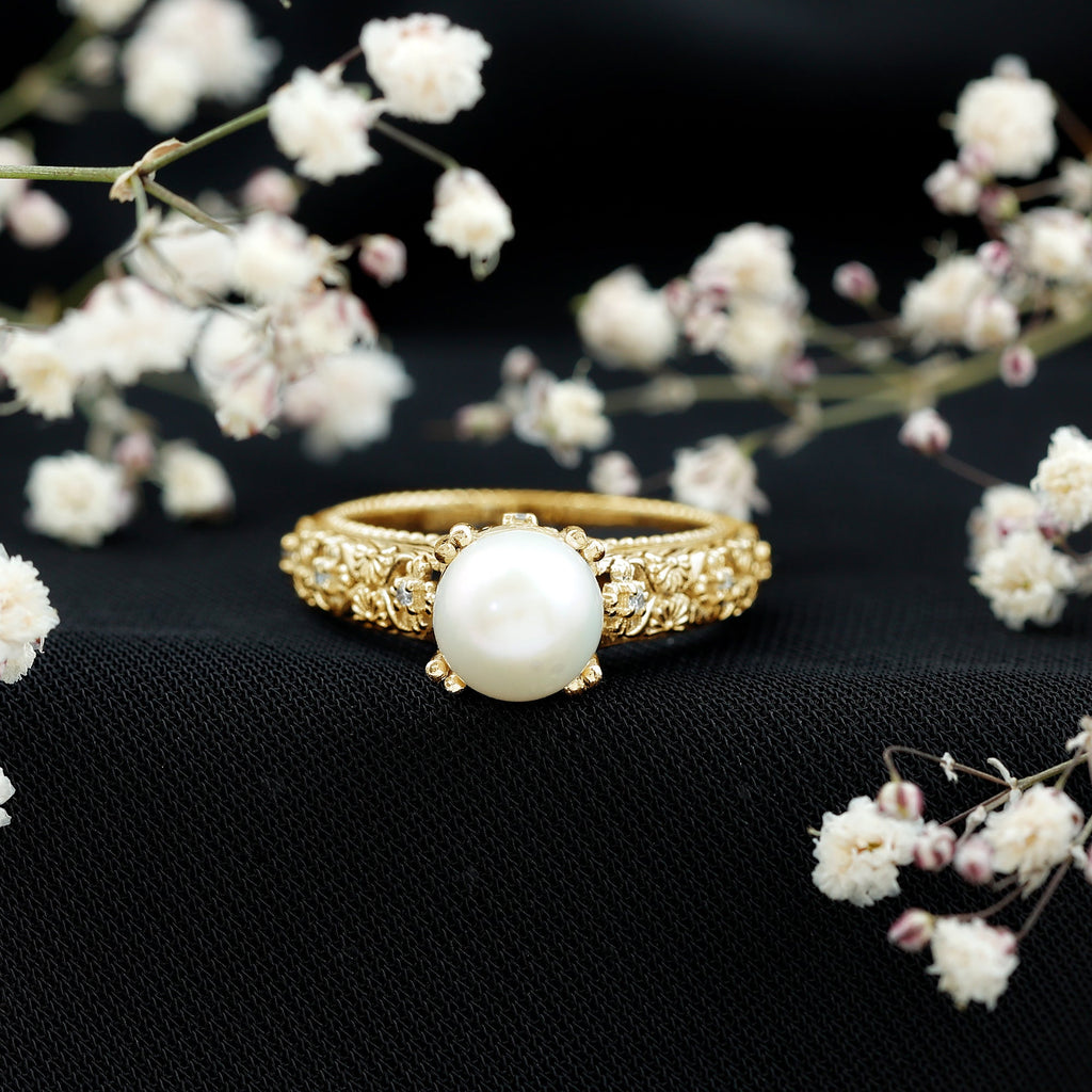 Nature Inspired 7.4 Carat Freshwater Pearl Diamond Engagement Ring