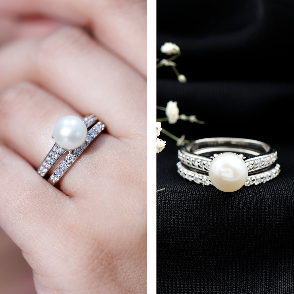 Natural White Pearl Wedding Bridal Ring Set with Moissanite
