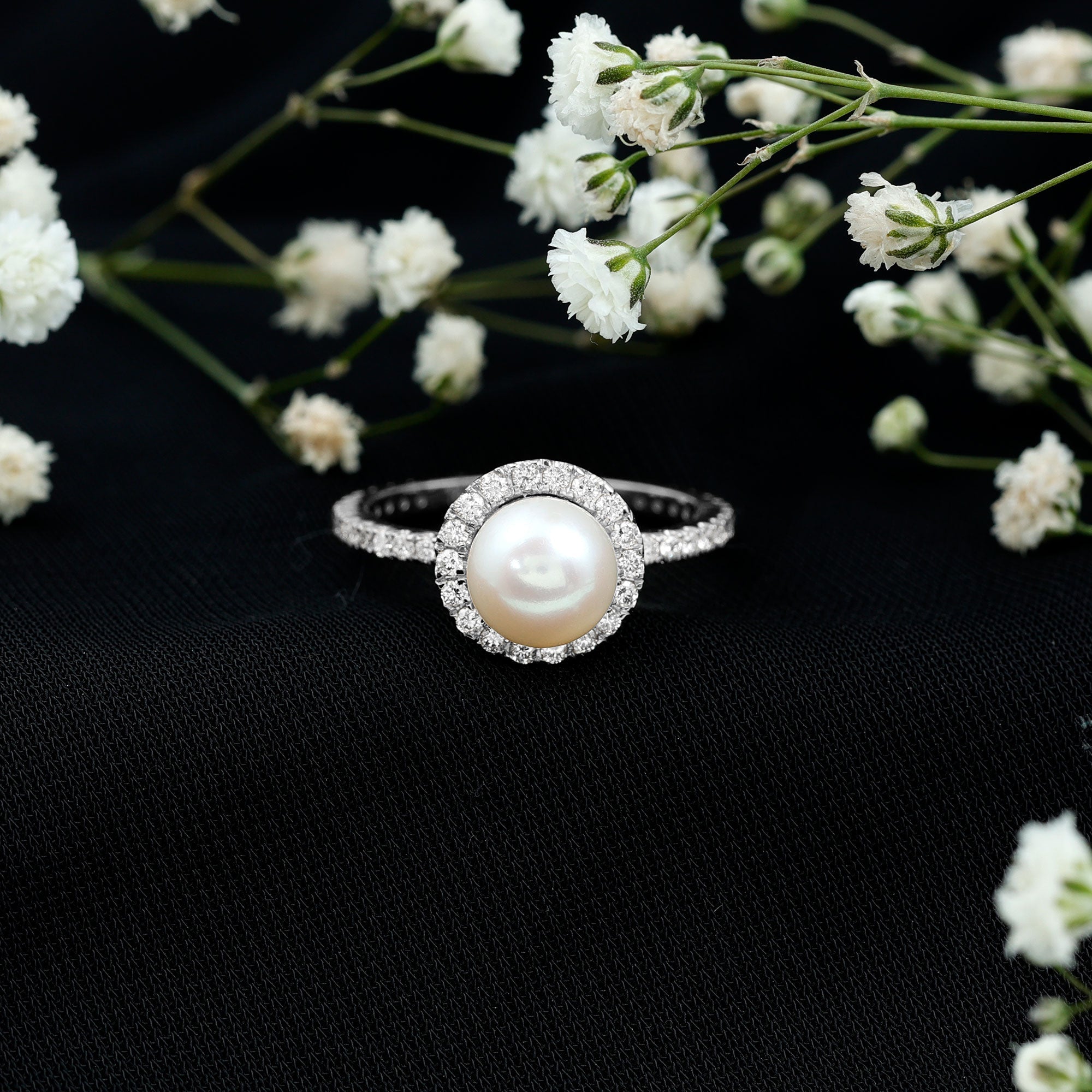Cultured 7.4 Carat Freshwater Pearl Diamond Engagement Ring with Halo