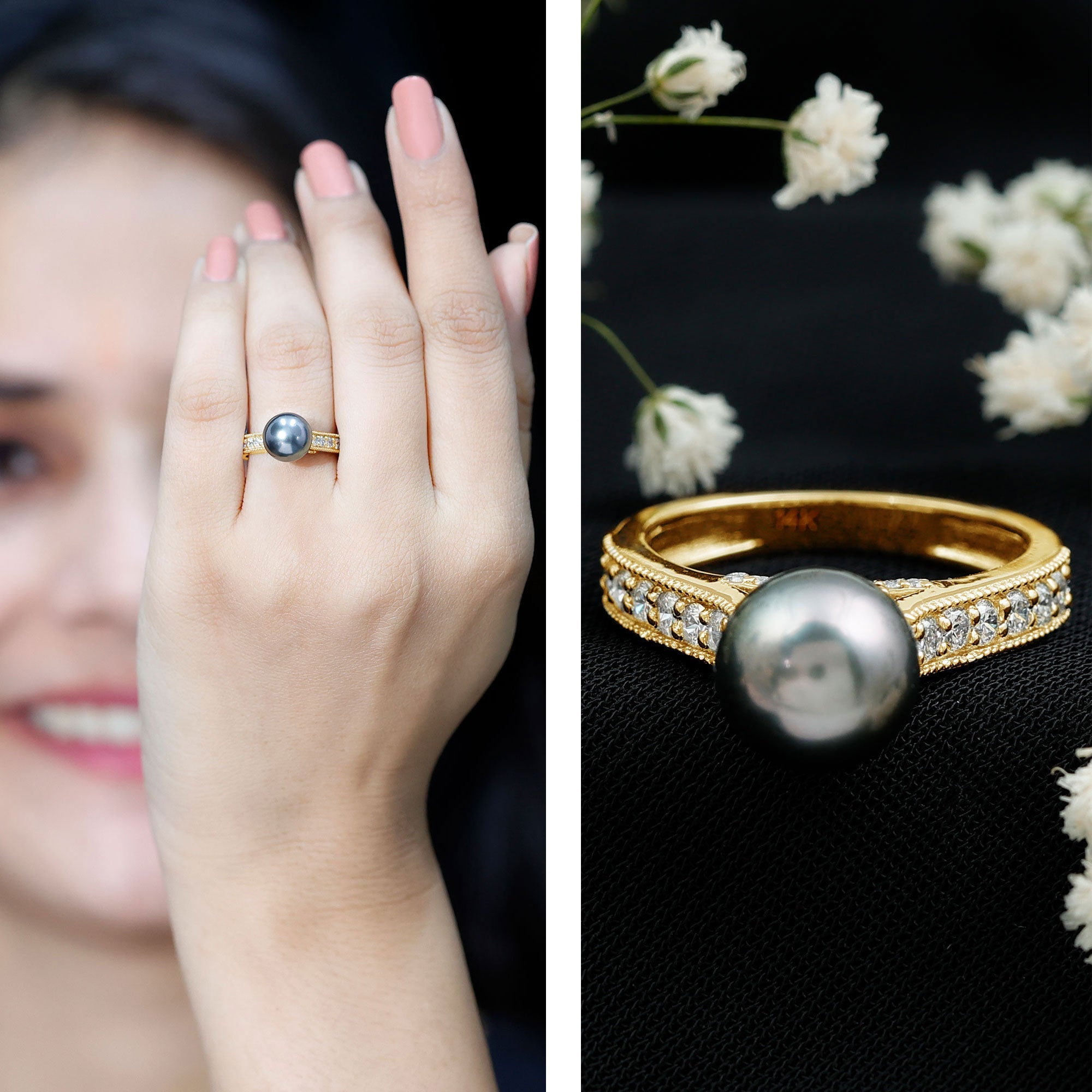 Natural Tahitian Pearl Cathedral Engagement Ring with Diamond Side Stones