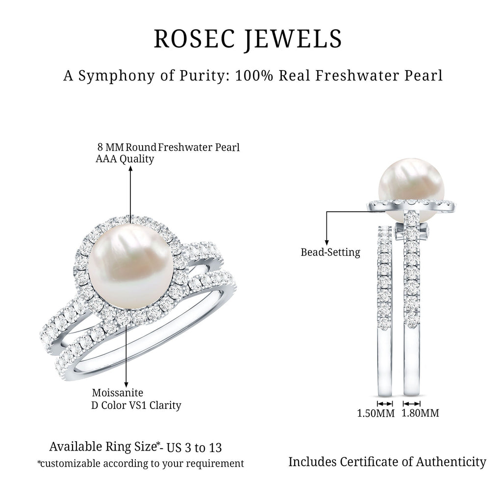 Round Freshwater Pearl and Moissanite Halo Wedding Ring Set