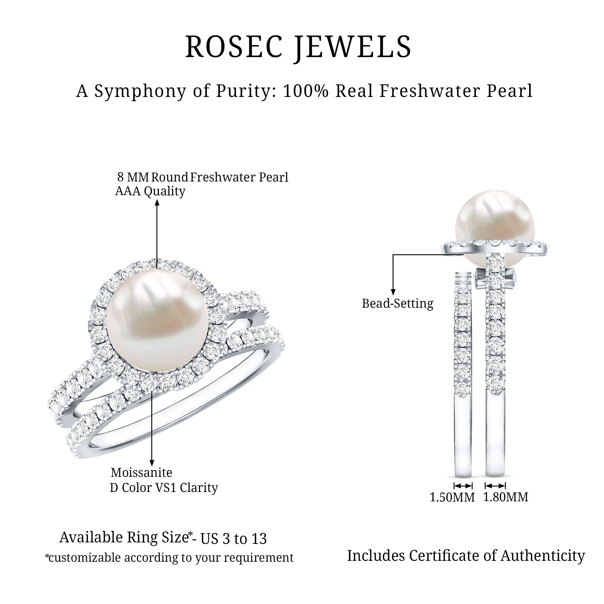 Round Freshwater Pearl and Moissanite Halo Wedding Ring Set