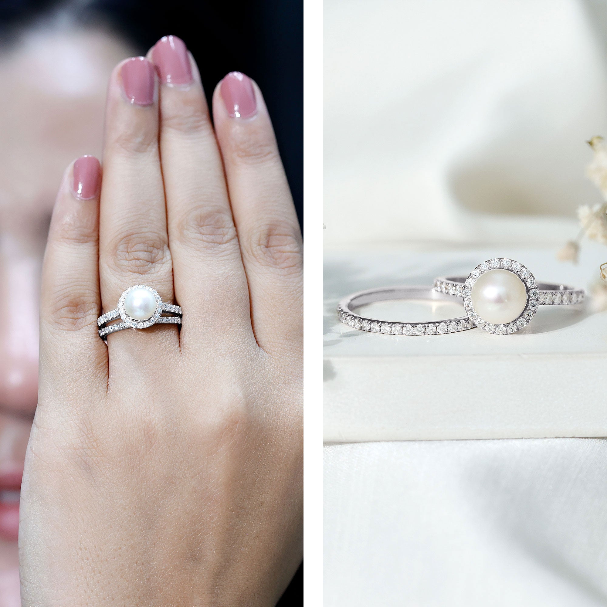 Round Freshwater Pearl and Moissanite Halo Wedding Ring Set