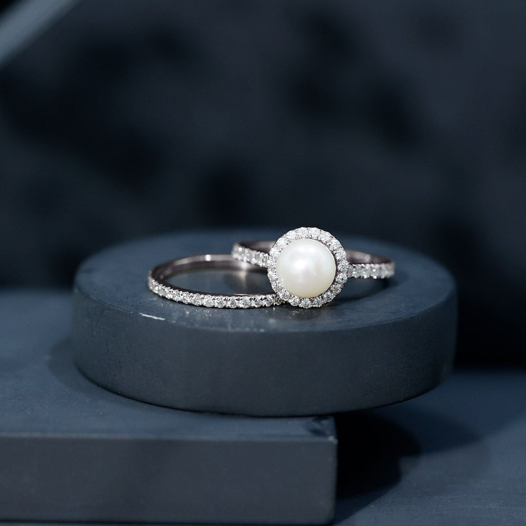 Round Freshwater Pearl and Moissanite Halo Wedding Ring Set