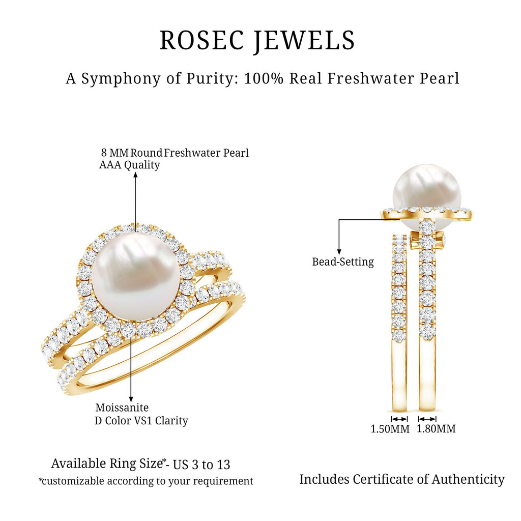 Round Freshwater Pearl and Moissanite Halo Wedding Ring Set