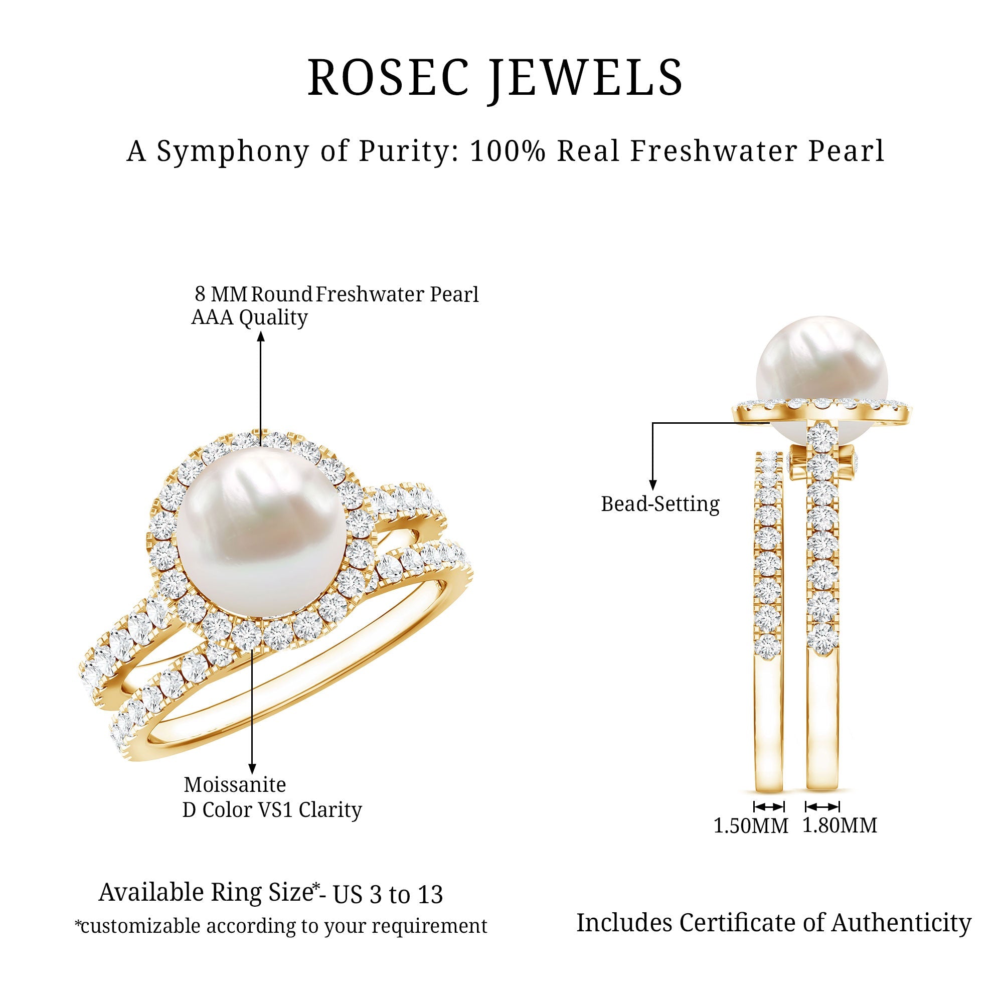 Round Freshwater Pearl and Moissanite Halo Wedding Ring Set