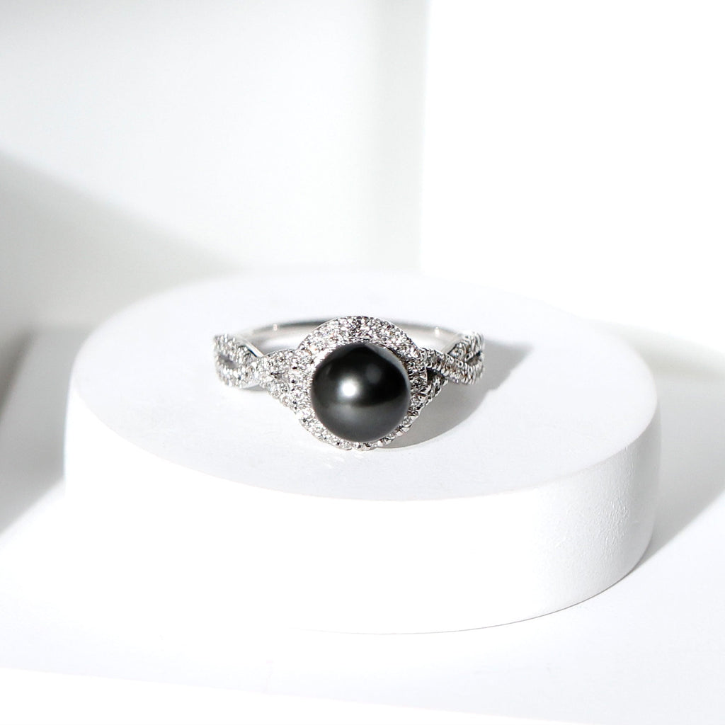 Real Tahitian Pearl and Diamond Crossover Engagement Ring