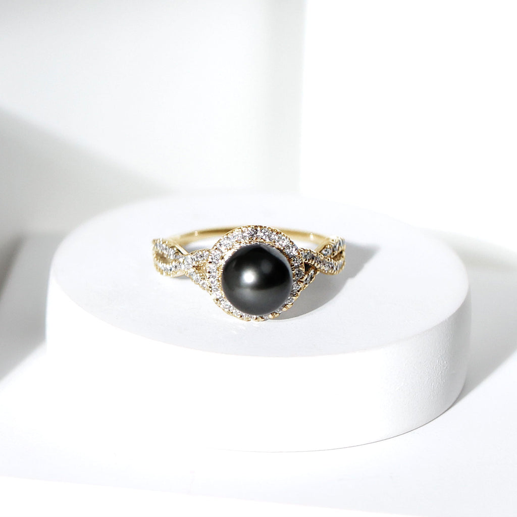 Real Tahitian Pearl and Diamond Crossover Engagement Ring