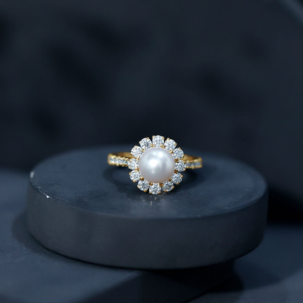 Genuine 7.4 Carat Freshwater Pearl Engagement Ring with Moissanite Halo