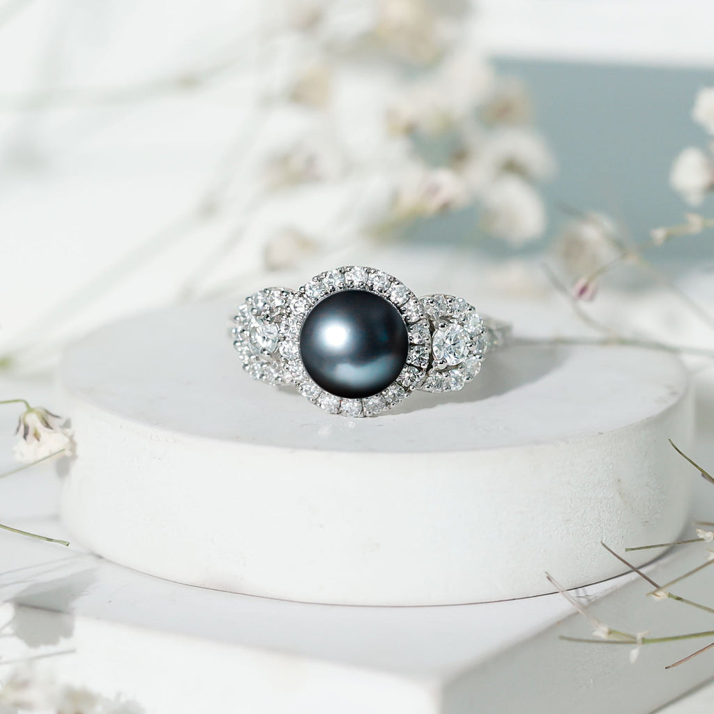 7.5 Carat Round Black Pearl Engagement Ring with Moissanite Accent