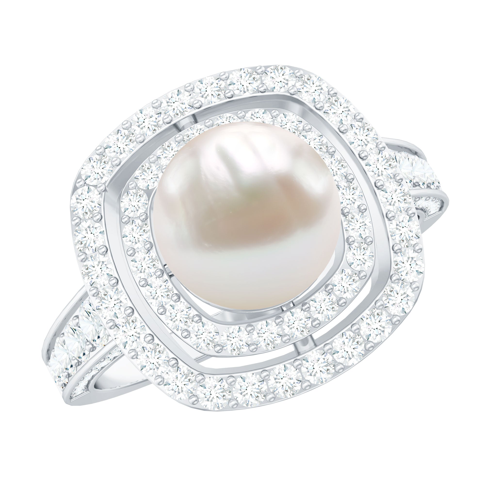7.4 Carat Freshwater Pearl Double Halo Engagement Ring with Moissanite