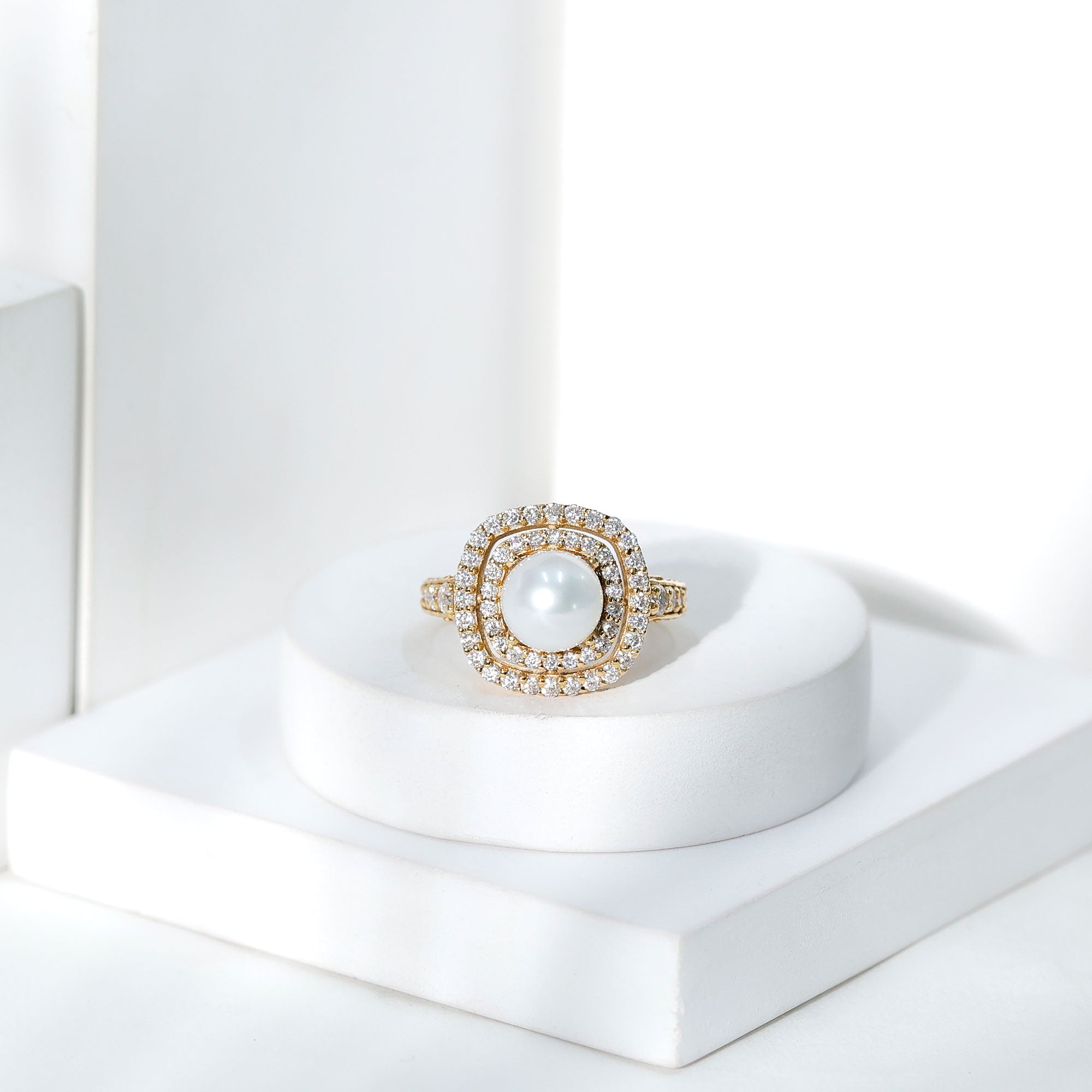 7.4 Carat Freshwater Pearl Double Halo Engagement Ring with Moissanite