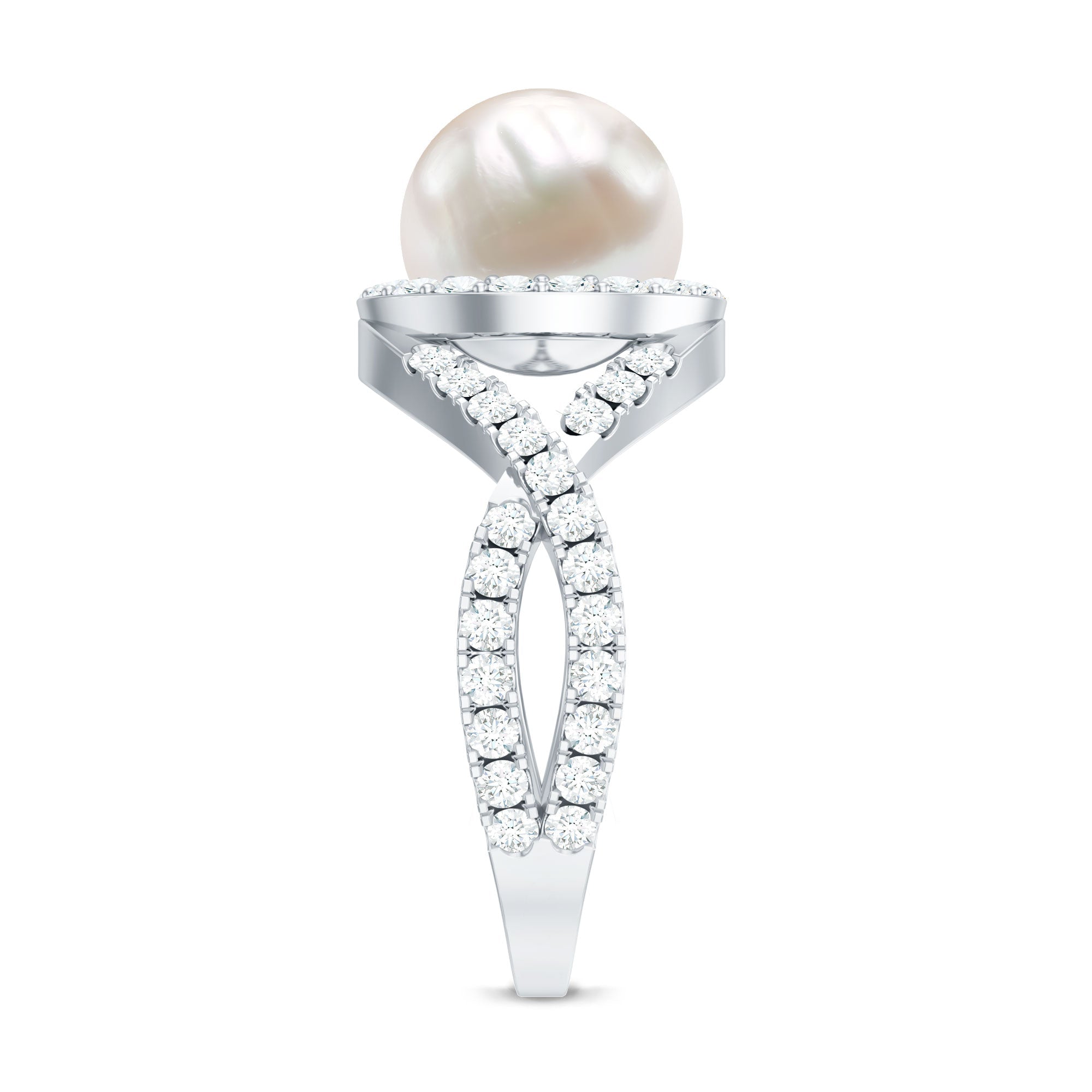 7.4 Carat Freshwater Pearl Engagement Ring with Moissanite Crossover Shank