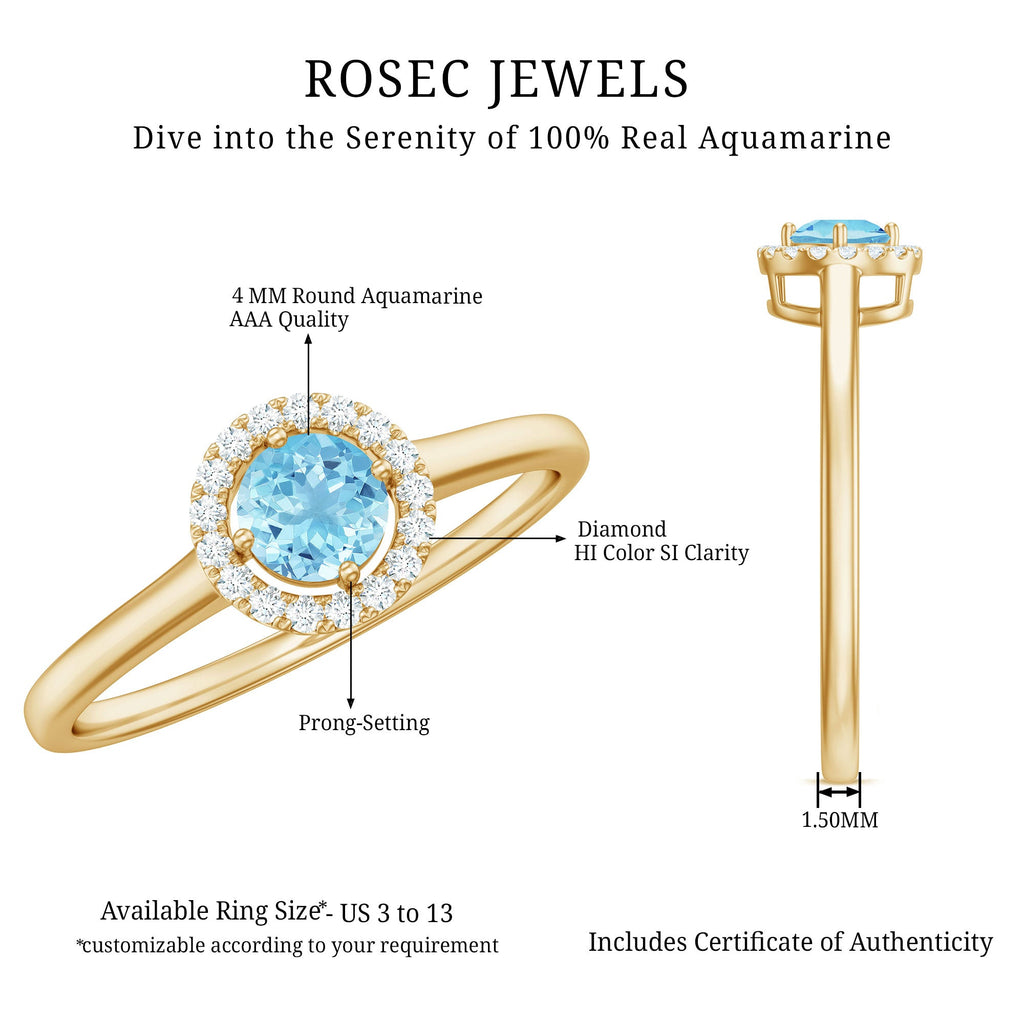 Genuine Aquamarine Promise Ring with Diamond Halo