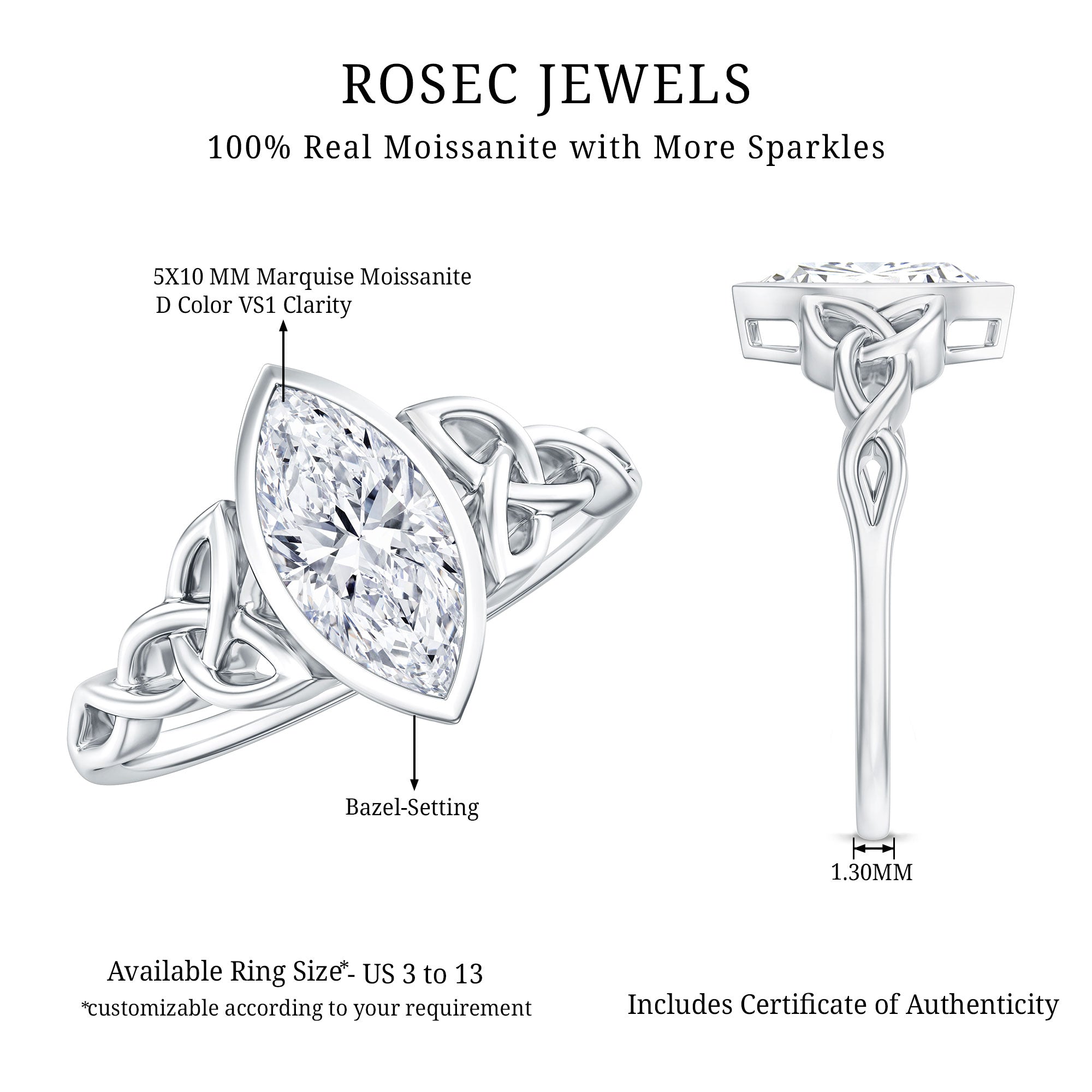 Moissanite 1 Carat Marquise Cut Engagement Ring in Bezel Setting