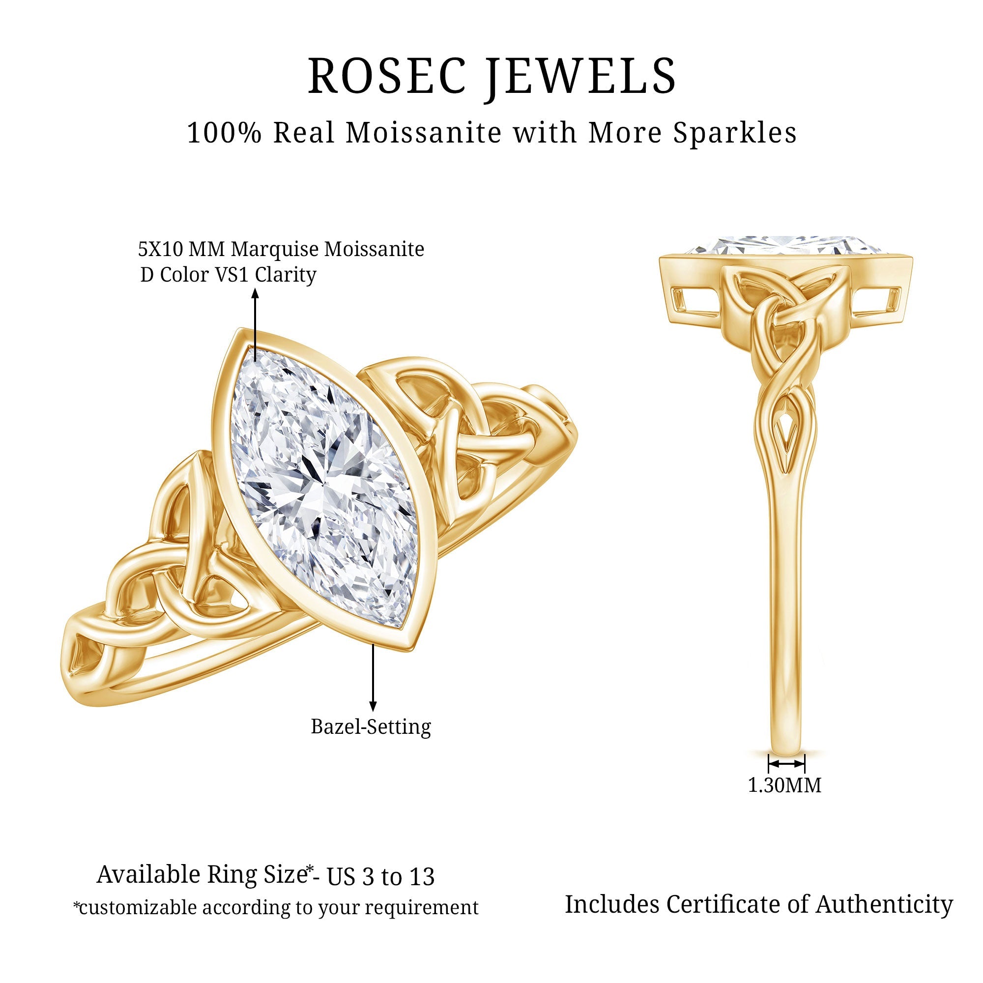 Moissanite 1 Carat Marquise Cut Engagement Ring in Bezel Setting