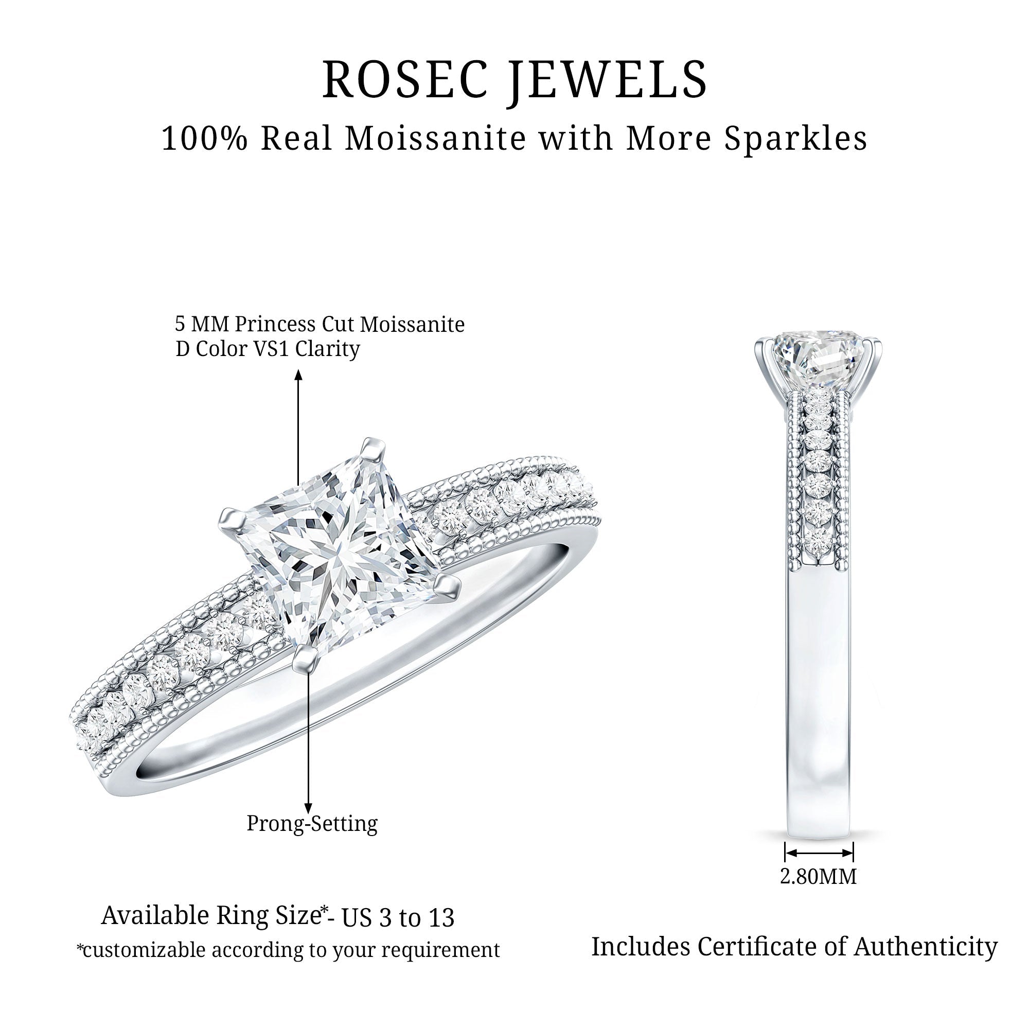 Moissanite Solitaire Engagement Ring with Princess Cut