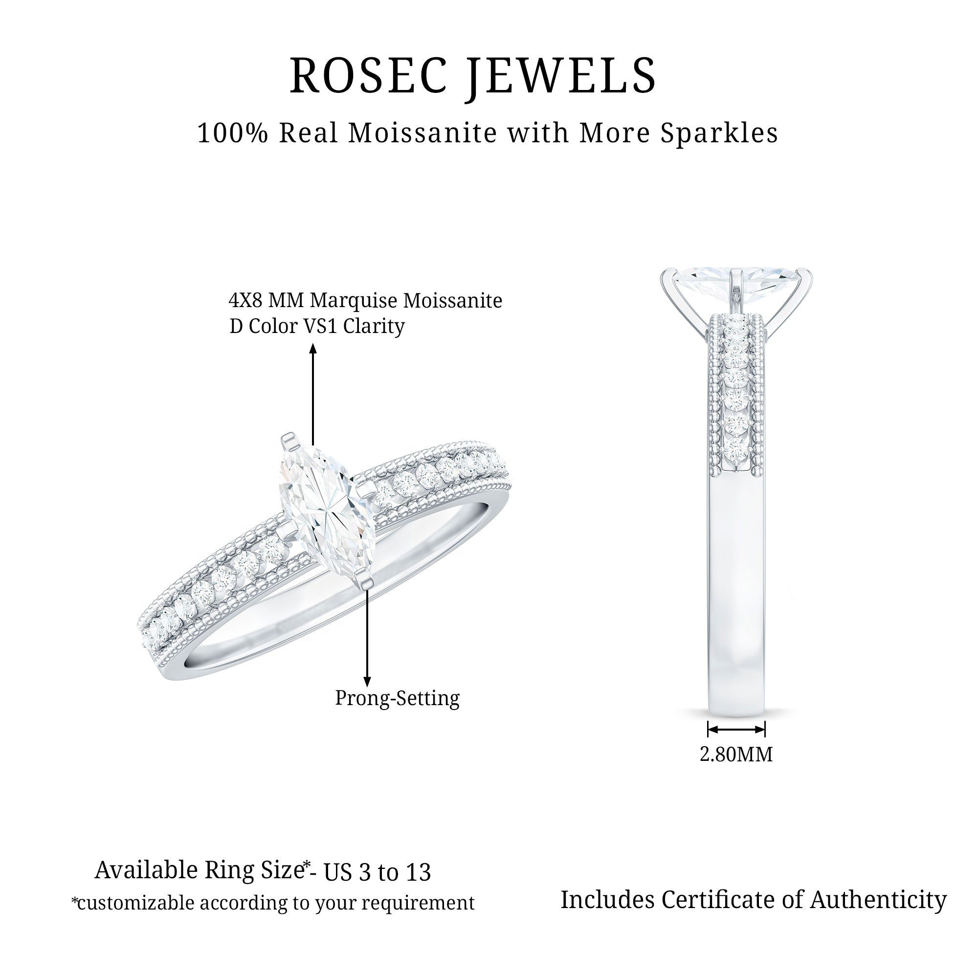 Certified Marquise Cut Moissanite Vintage Solitaire Ring with Side Stones