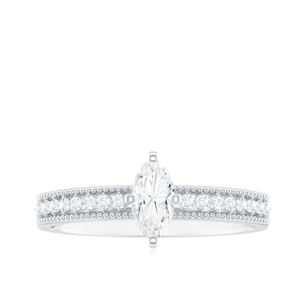Certified Marquise Cut Moissanite Vintage Solitaire Ring with Side Stones