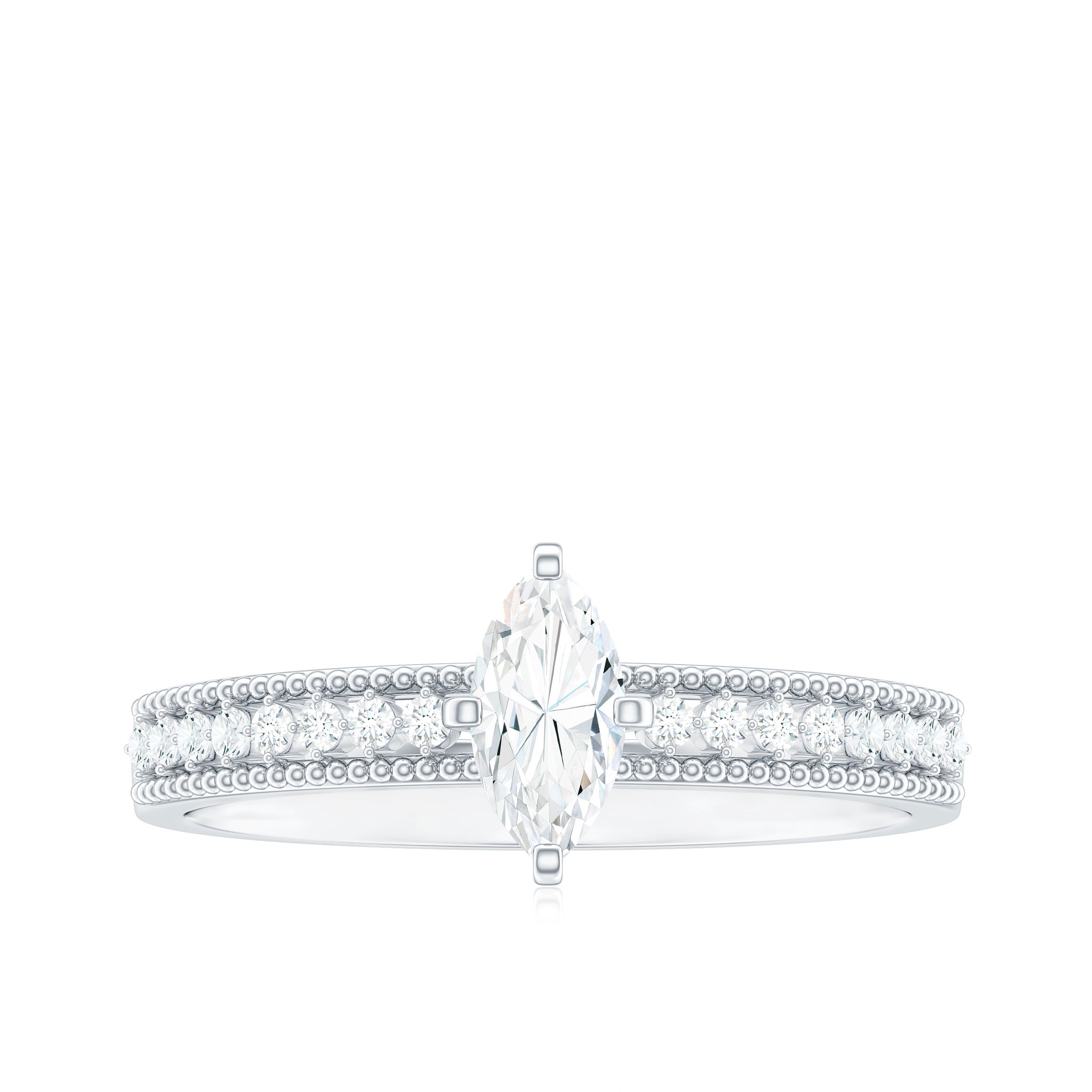 Certified Marquise Cut Moissanite Vintage Solitaire Ring with Side Stones
