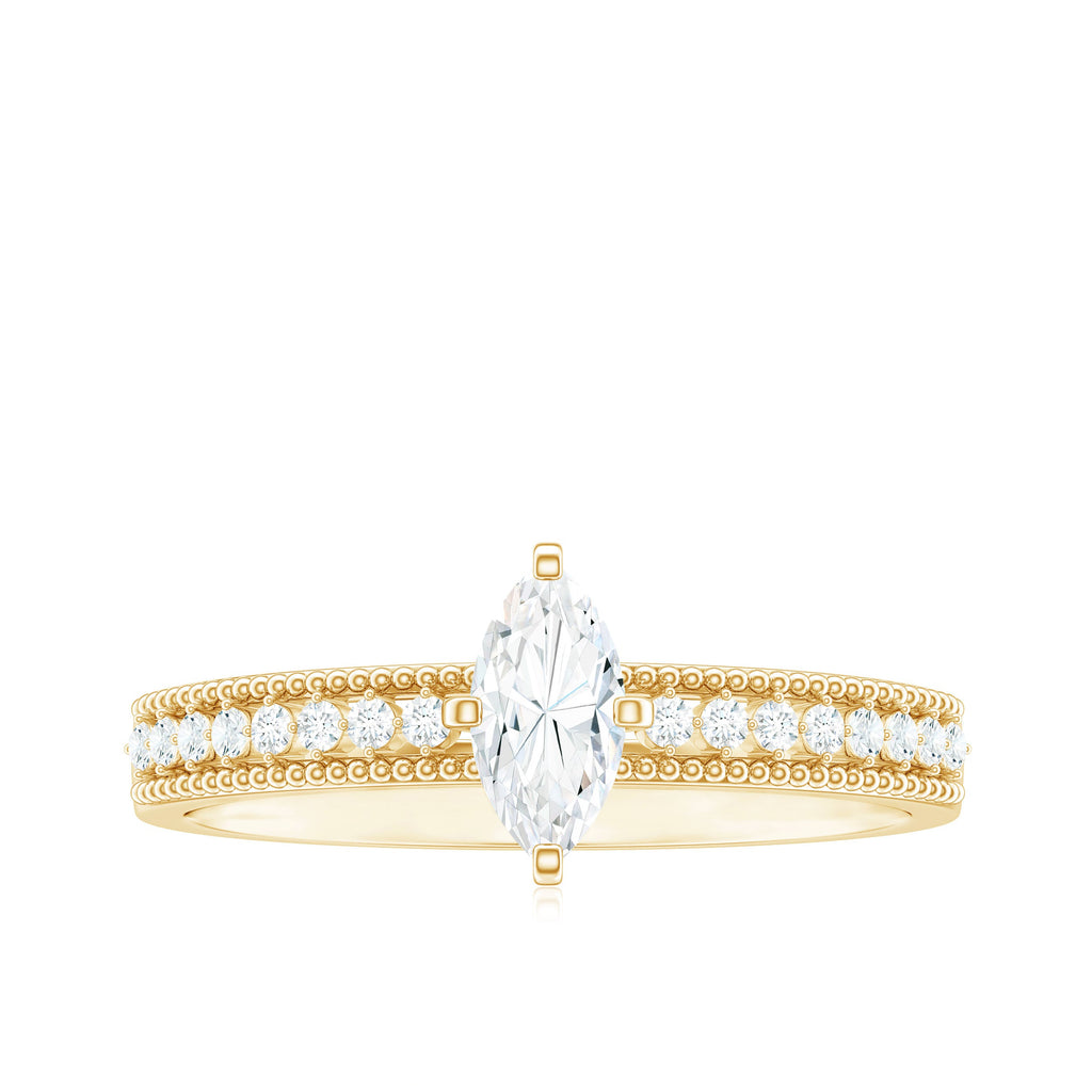 Certified Marquise Cut Moissanite Vintage Solitaire Ring with Side Stones