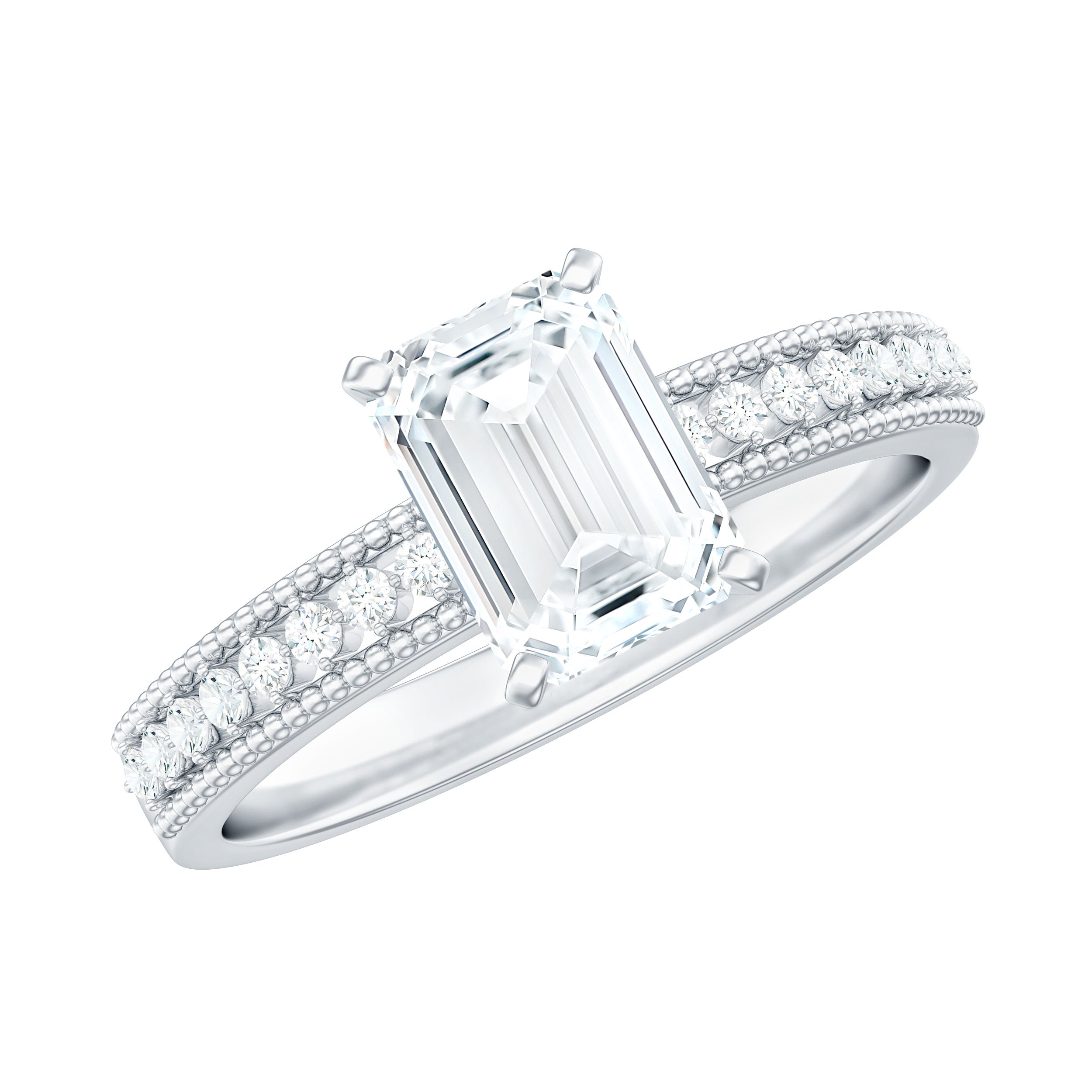 1.8 Carat Emerald Cut Moissanite Solitaire Engagement Ring with Beaded Details