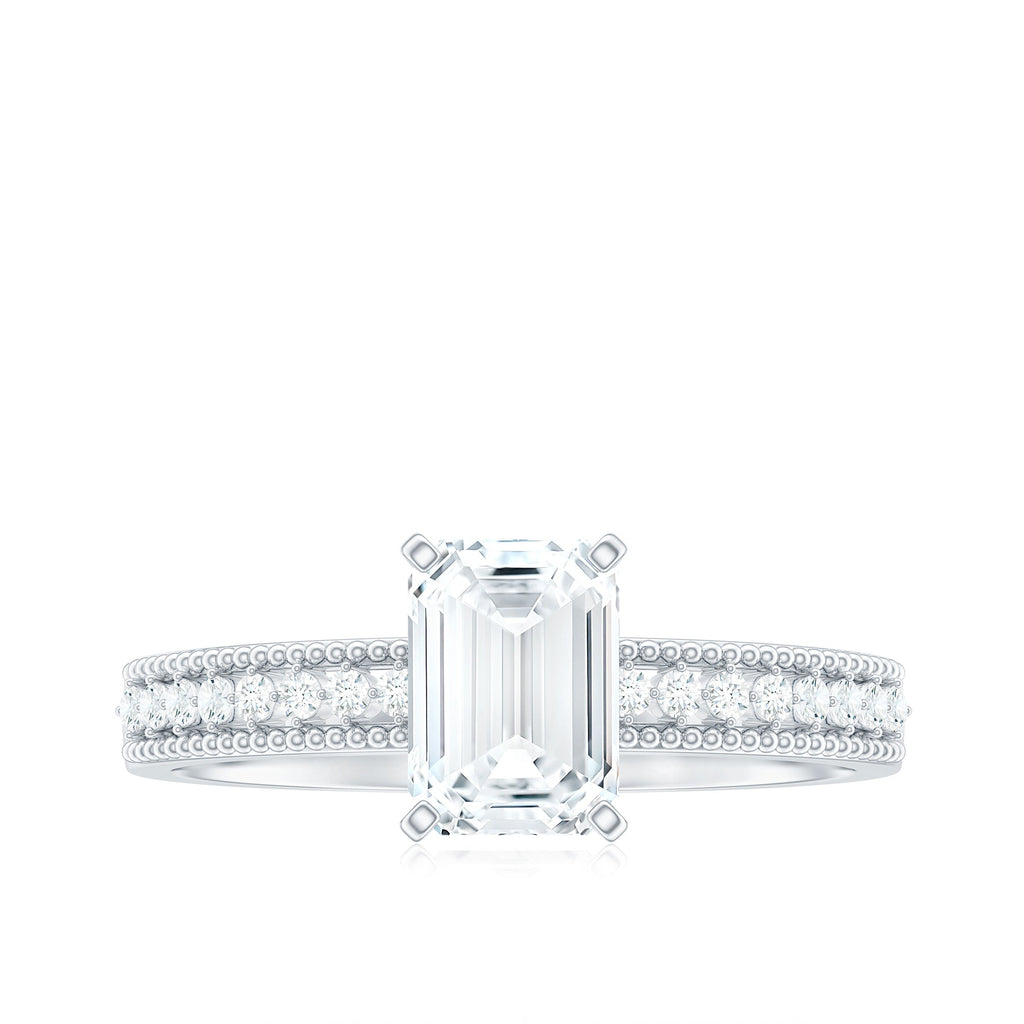 1.8 Carat Emerald Cut Moissanite Solitaire Engagement Ring with Beaded Details